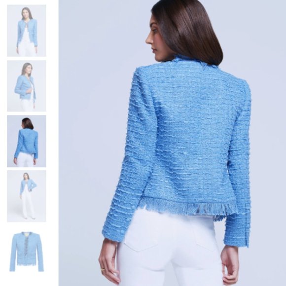 L'Agence Angelina Tweed Fringe Blazer in Riviera Blue in Size 8 Strong Shoulders - Picture 3 of 13